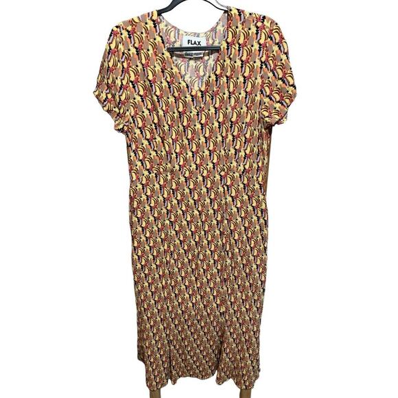 Flax Geometric Shirt Dress Maxi V Neck Relaxed Fit Yellow Purple Size Small - Picture 1 of 10